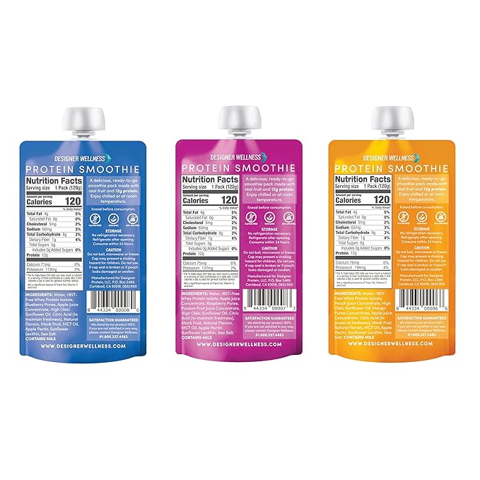 Designer Wellness Protein Smoothie Real Fruit 12g Protein Low Carb Zero Added Sugar Gluten-Free Non-GMO No Artificial Colors or Flavors Super Fruits Variety Pack 12 Count