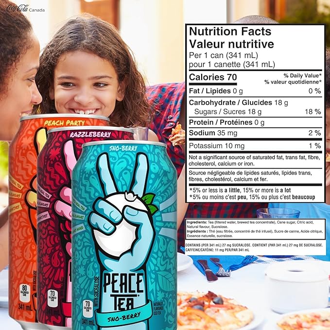 Peace Tea Variety Pack - No Preservatives Made with Real Tea and Natural Fruity Flavor - Pack of 6 (2 Cans of Sno Berry 2 Cans of Peach 2 Cans of Razzleberry) 3 Flavors 341 mL/11.5 fl. oz. - Ship