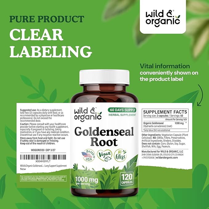 Wild &amp Organic Goldenseal Root Capsules 1000mg - Immune &amp Lung Support - 120 Goldenseal Powder Capsules - 2 Month Supply - Vegan No Fillers Non-GMO