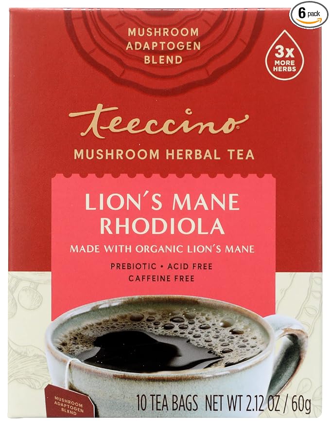 Teeccino Lion's Mane Rhodiola Flavored Mushroom Herbal Tea Caffeine Free Acid Free Kosher 10 Bags (Pack Of 6)