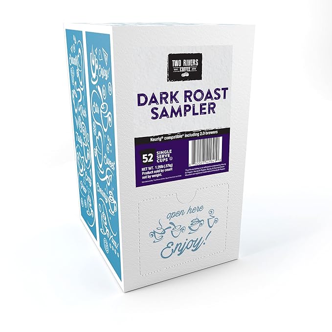 Two Rivers Coffee Dark Roast Coffee Pods Sampler Compatible with K Cup Brewers Including 2.0 Single Serve Variety Pack 52 Count