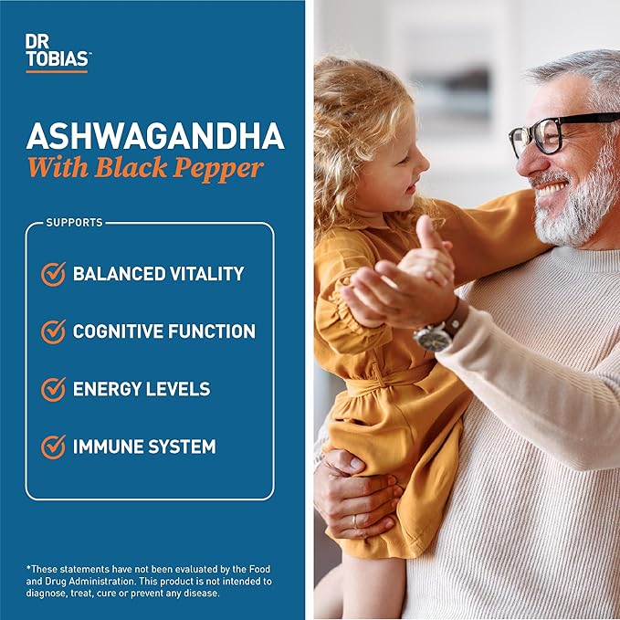 Dr. Tobias Ashwagandha Capsules - 1300mg Organic Ashwagandha Root Extract Per Serving with Black Pepper | Calming Adaptogen Energy &amp Focus Supplement (60 Vegetarian Capsules)