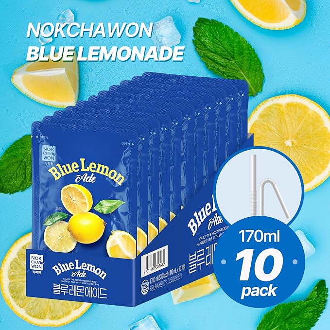 [Nokchawon] Blue Lemonade Drink Pouch (10 Pack) - Ready to Serve Fruit Juice for Ice Cups - Refreshing Korean Pouch Drink for Spring Break Picnics and Cocktail Mixers - 6.42 fl oz