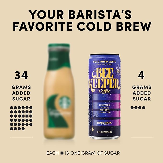 Beekeeper Horchata Latte Cold Brew Coffee Drinks with Oregon Honey | 12 Pack Refreshing Iced Coffee - Unsweetened &amp Strong Arabica Brew 8 fl oz Ready-to-Drink Can - 180mg Natural Caffeine
