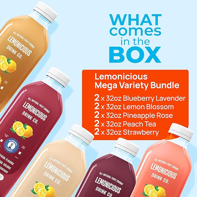 Lemonicious Mega Sampler – 10 Bottles of Real Fruit Lemonade (32oz each) – Lemon Blossom Strawberry Pineapple Rose Blueberry Lavender Peach Tea – Fresh Squeezed No Preservatives