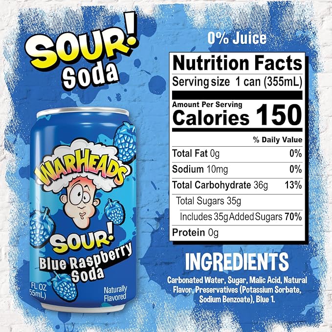 Sour Fruity Soda with Classic Warheads Flavors – Perfectly Balanced Sweet and Sour Soda - Warheads Candy Throwback Treat Soda Cocktail Mixer Pack of 12 12oz Cans (Blue Raspberry)