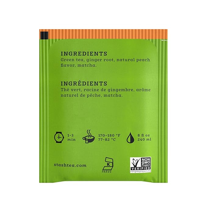 Stash Tea Ginger Peach Green Tea - Caffeinated Non-GMO Project Verified Premium Tea with No Artificial Ingredients 18 Count (Pack of 6) - 108 Bags Total