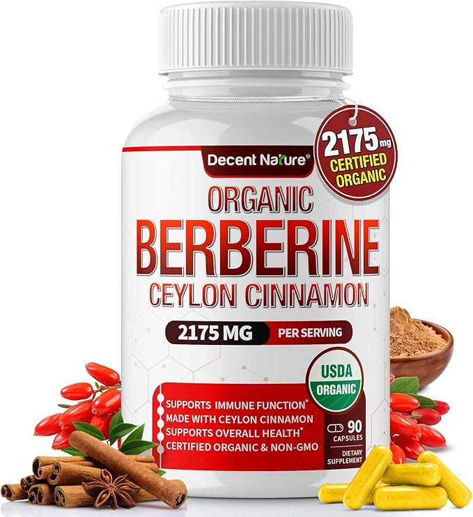 Organic Berberine with Ceylon Cinnamon 2175mg - Premium berberine supplement high purity extract USDA Organic support immune system Berberine Plus Complex Non-GMO Vegan for Men Women 90 Capsules