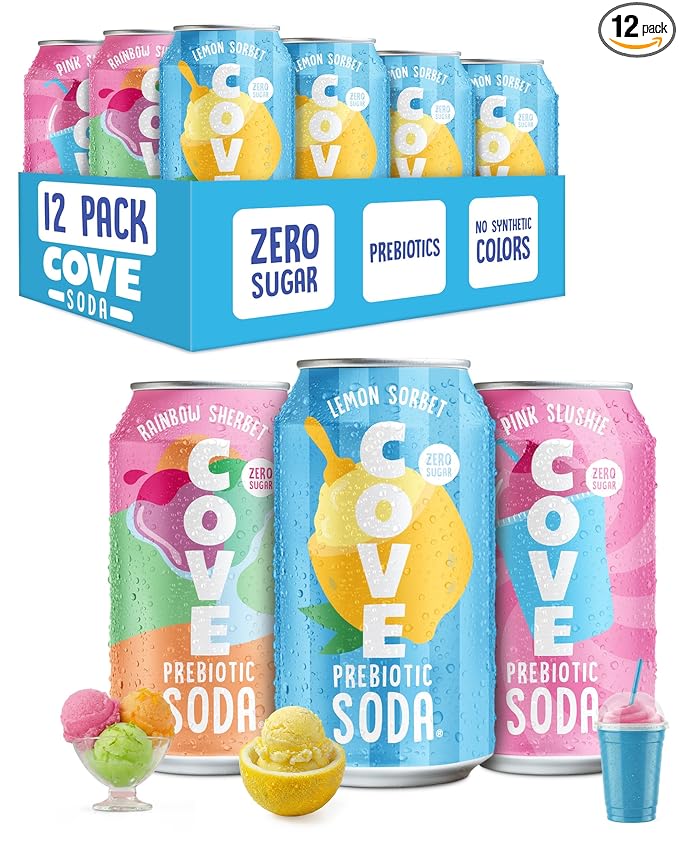 Cove Prebiotic Soda Soft Drinks with Zero Sugar - Refreshing Healthy Soda Alternative with 4g of Fiber for Digestive Support - Natural Caffeine Free Sparkling Beverage - Frozen Favorites 12 Pack