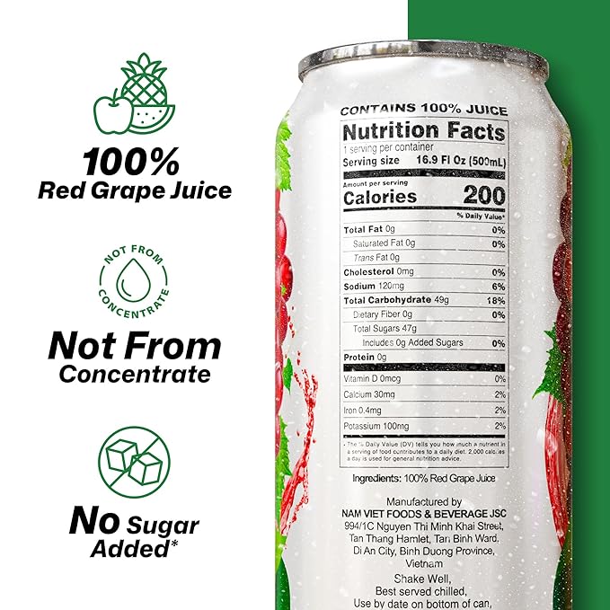 VINUT 100% Red Grape Juice No Added Sugar Not From Concentrate 16.9 fl oz (500 mL) Can Pack of 12
