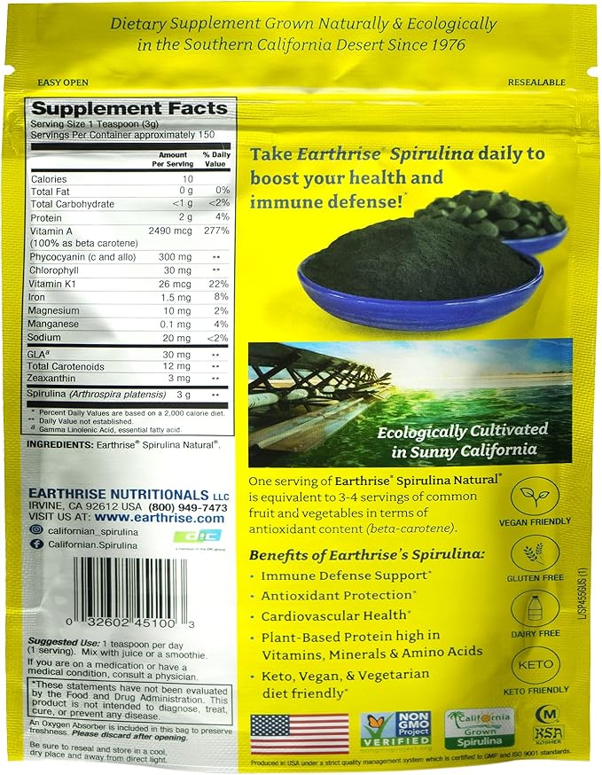 Earthrise Spirulina Natural Powder 16oz Natural Premium Spirulina from California- Vegan Gluten Free Keto Friendly Non -GMO Super Food high in Vitamins &amp Minerals. (1 LB)