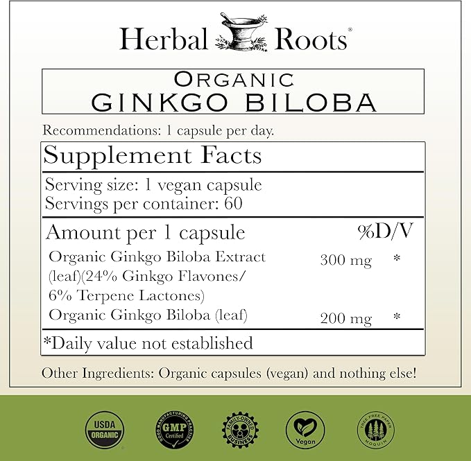 Herbal Roots Organic Ginkgo Biloba Made with Pure Organic Ginkgo Leaf and Extract - 60 Vegan Capsules (Pack of 2)