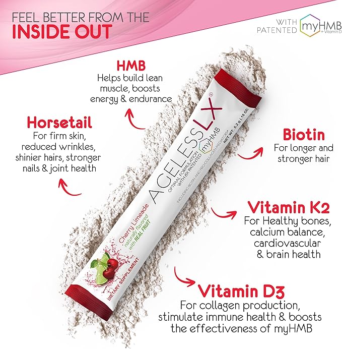 AgelessLX Powder Supplement for Women - with HMB Collagen Enhancer Plus Vitamin D3 with K2 Horsetail and Biotin for Lean Muscle and Stronger Hair and Nails - 30 Powder Packets Cherry Limeade