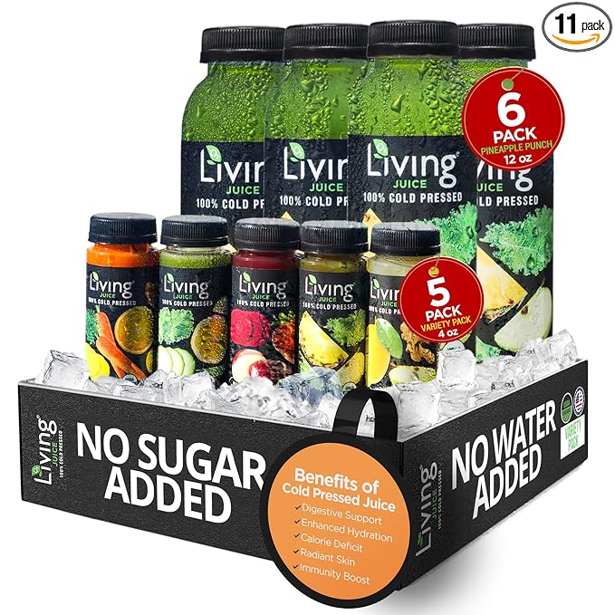 O2 Living Juice Cold Pressed Drink - Pineapple Punch Organic Juice Variety Pack - No Added Sugars or Water Naturally Sweetened from Fruits Rich in Nutrients &amp Vitamins - 12oz (6-Pack) + 4oz (5-P