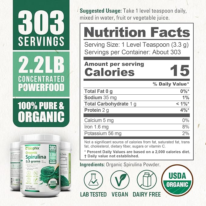 biophix Organic Spirulina Powder 2.2 Lbs 100% Pure Spirulina Blue Green Algae Powder Vegan Non GMO Non-Irradiated USDA Certified Best Protein Superfood