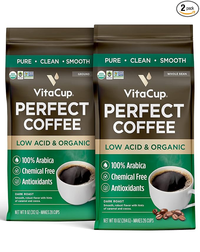 VitaCup Perfect Low Acid Coffee Beans 11oz &amp Perfect Low Acid Ground Coffee 11 oz Bundle | Dark Roast USDA Organic &amp Fair Trade Mycotoxin Free Single Origin