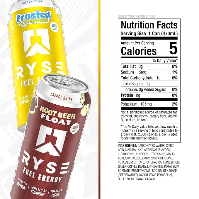 RYSE Fuel Energy Drink - Variety Pack (6 Frosted Lemonade &amp 6 Root Beer Float) - Sugar Free - 200mg Natural Caffeine New Formula to Supports Cognitive Health &amp Improves Focus - 16 fl oz (12-P