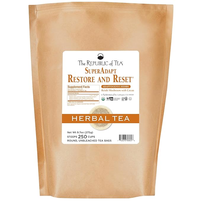 The Republic of Tea - Restore and Reset SuperAdapt Herbal Tea 250 Tea Bags Organic Caffeine Free Reishi Mushroom and Cocoa Herbal Tea