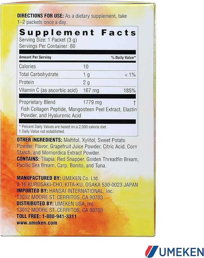 Umeken Elastin Beauty Powder Supplement with Collagen Peptides Hyaluronic Acid Vitamin C and Mangosteen Fruit Women’s Health and Wellness 1 Month Supply 60 Packets