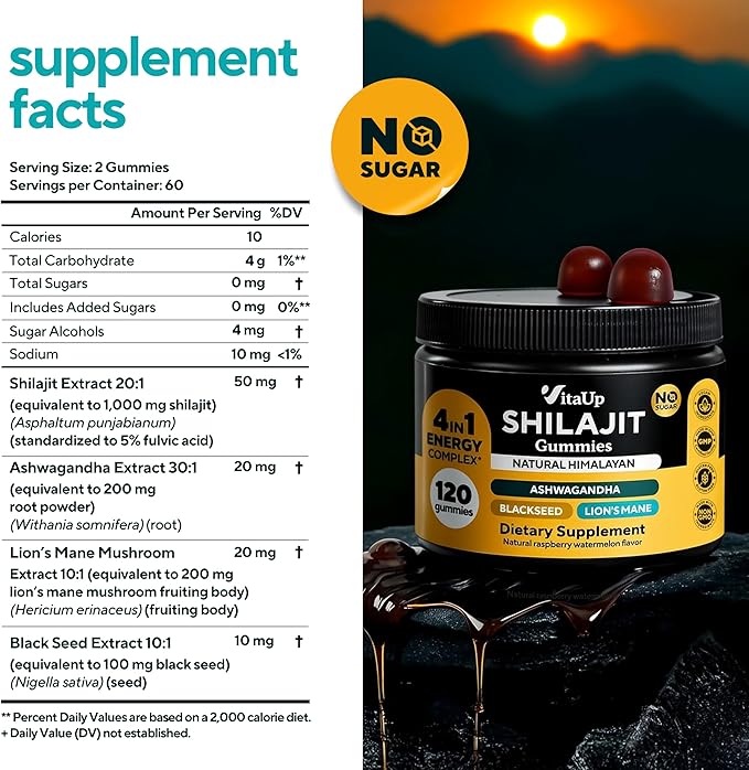 Himalayan Shilajit Gummies - Sugar Free Natural Shilajit Gummies with Fulvic Acid Ashwagandha Lions Mane Black Seed - Immune &amp Energy Support - 120 Count