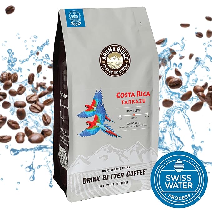 Tarrazu Costa Rica Swiss Water Process Decaf Whole Bean Coffee by Aroma Ridge | 16oz Medium Roast Gourmet Coffee Beans | Full Bodied Roasted Coffee Beans With a Nutty-Sweet Aftertaste
