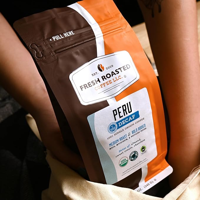 Fresh Roasted Coffee USDA Organic Peru Water-Processed Decaf | 3rd Party Tested for Pesticides Mold Mycotoxins Kosher | 100% Arabica Specialty Grade Med Roast 12 oz Whole Bean