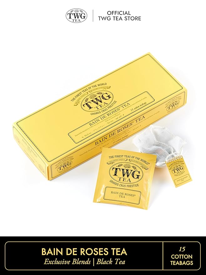 TWG Tea | Bain de Roses Tea | Black Tea | Rosebuds &amp Rose Petals | 15 Hand Sewn Cotton Teabags | Gift Set