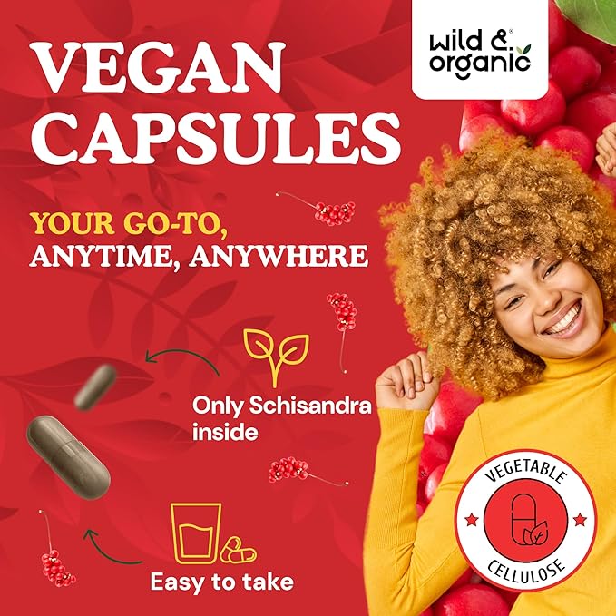 Wild &amp Organic Schisandra Capsules 1000 mg - Mood &amp Relaxation Support - Schisandra Berry Extract Supplement - Vegan No Fillers Non-GMO - 90 Count