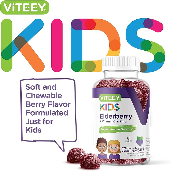 Viteey Sambucus Elderberry Gummies for Kids Immune Support Supplements with Zinc &amp Vitamin C 3-1 Immune Booster - Vegetarian Gelatin Free Gluten Free GMO Free - Tasty Chewable Berry Flavored