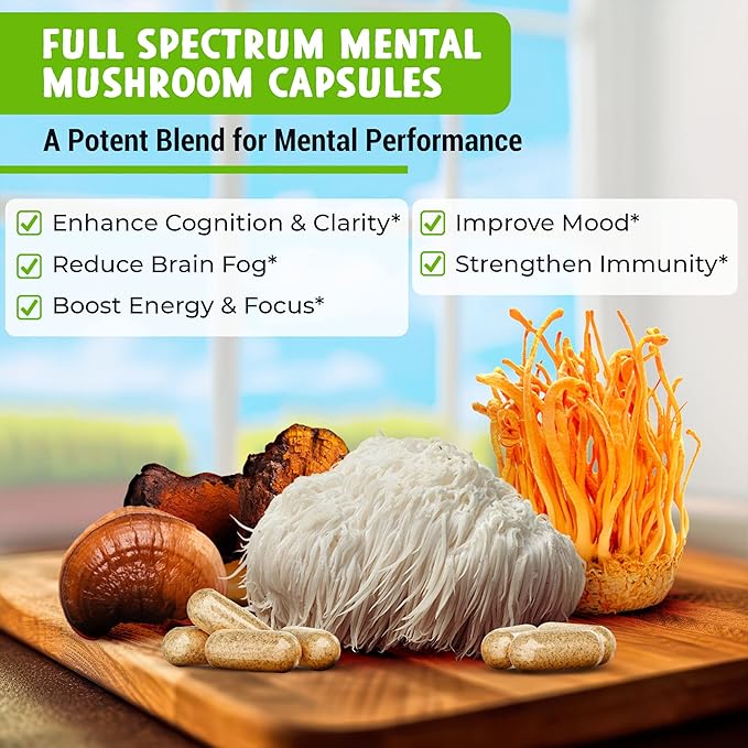 MENTAL Mushroom Capsules Organic Extract Supplement w/ Lion's Mane Cordyceps Reishi and Chaga Boost Your Focus Energy Wellness and Immune System - Nootropic Mushrooms Immune Support 90ct