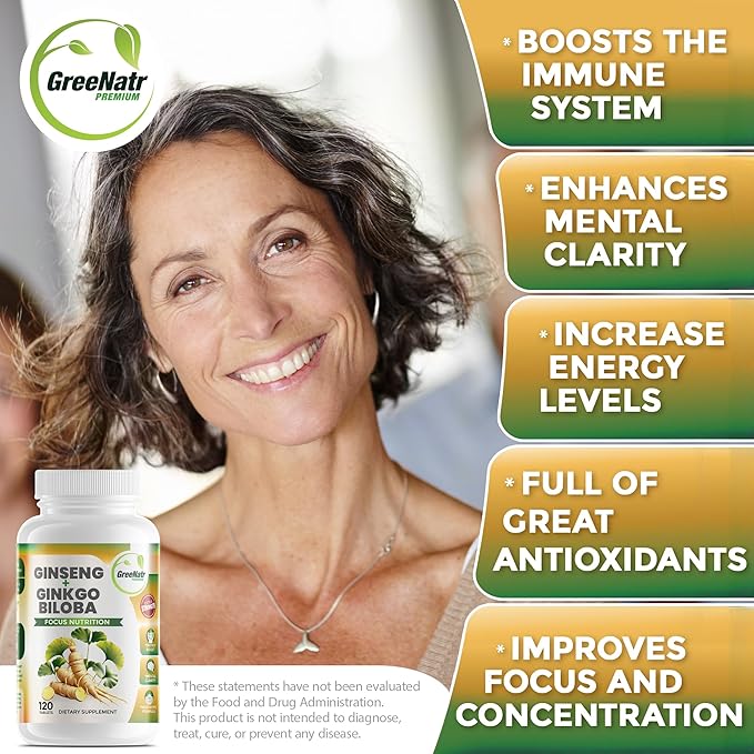 GreeNatr Ginko Biloba &amp Panax Ginseng Supplement - Red Ginseng Brain Supplement for Memory and Focus - Ginkgo Biloba Supplements for Good Vision Immune System and Improved Blood Flow - 120 Tablet