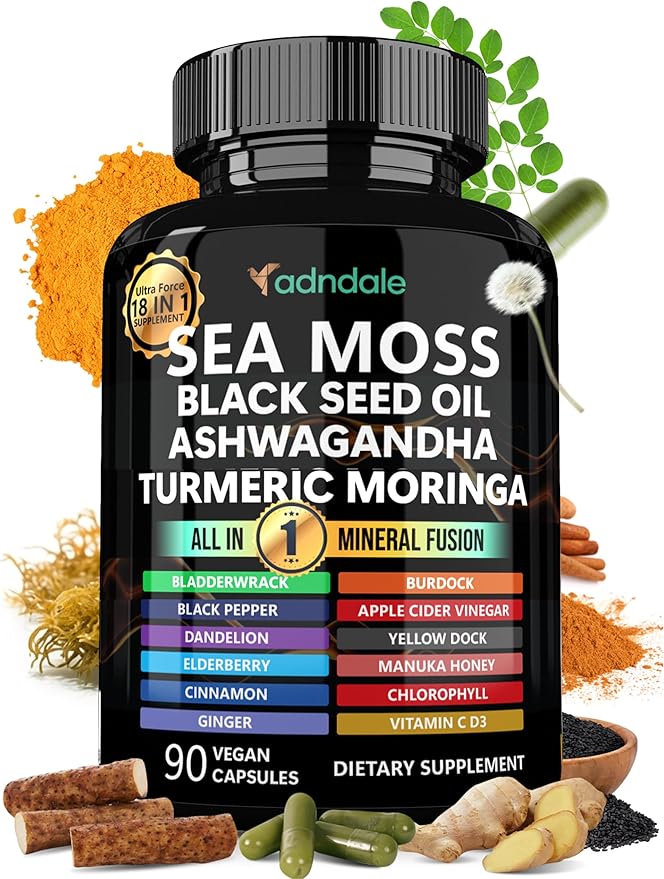Adndale Sea Moss Capsules - Sea Moss Blend with Ashwagandha Turmeric &amp Black Seed Oil - 90 Count