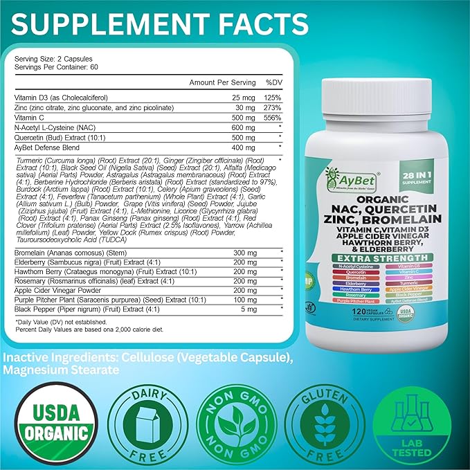 NAC-n-acetyl cysteine- Quercetin Zinc Bromelain Supplement | Extra Strength with Vit C D3 Apple Cider Vinegar Elderberry Hawthorn Berry Turmeric | Immune Support|120 Vegan Capsules | USDA Organic