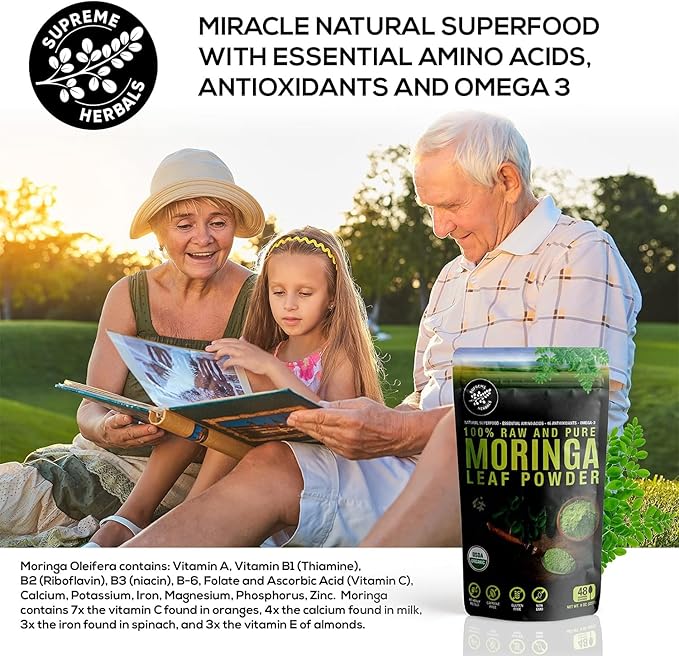 100% Raw and Pure Moringa Leaf Powder. Organic Certified Moringa Leaf. Natural Superfood with Essential Amino Acids Antioxidants and Omega 3 8 oz Resealable Bag.