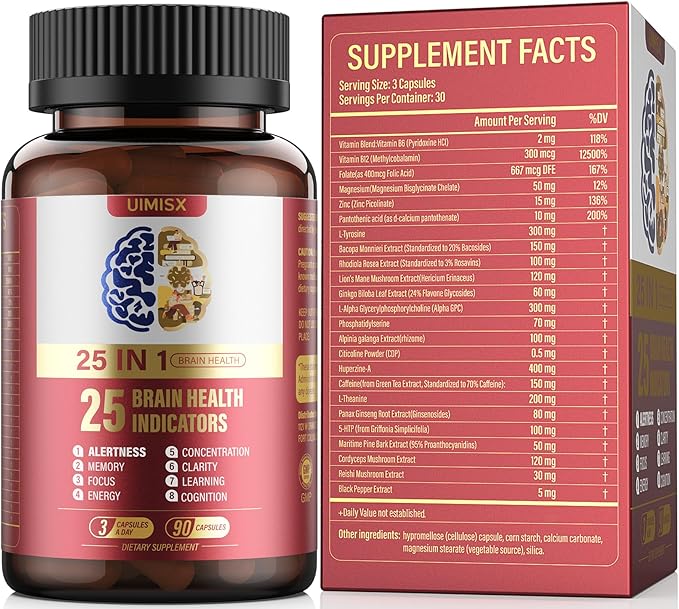 Brain Supplement for Mental Alertness Memory Focus &amp Energy Alpha GPC Huperzine-A L-Tyrosine Phosphatidylserine Vitamins B6 B12 High Absorption 90 Capsules