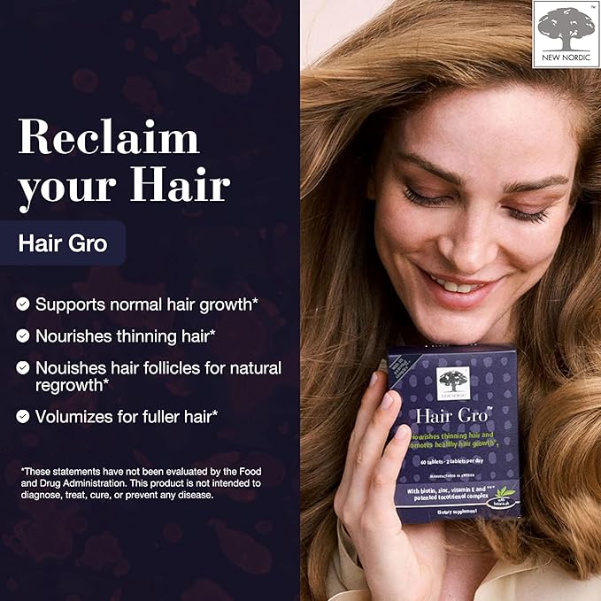 NEW NORDIC Hair GRO Hair Growth Supplement Biotin &amp Palm Fruit Extract Tocotrienols for Natural Regrowth 60 Count (Pack of 3)