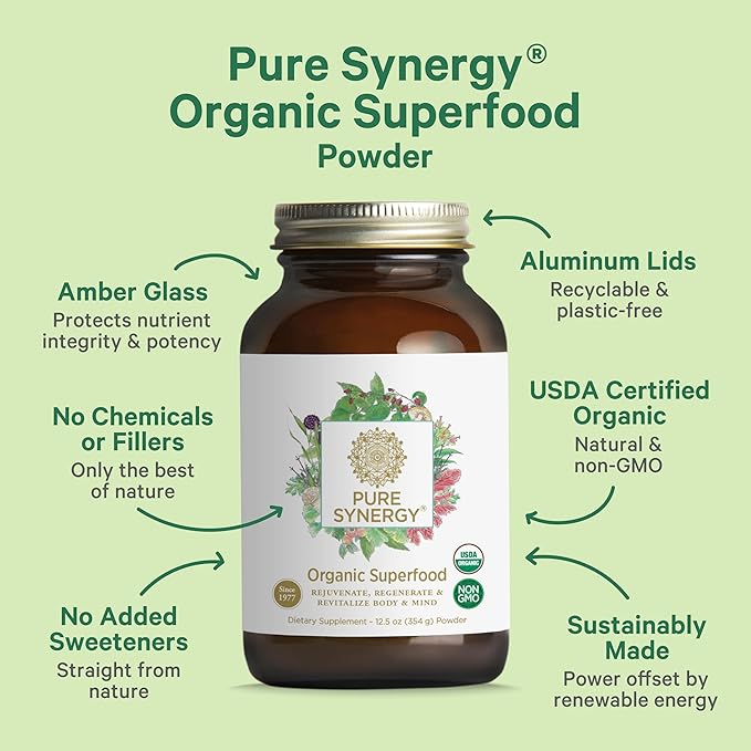 PURE SYNERGY Organic Superfood Powder | Green Superfood Powder | Whole Food Supplement with Organic Greens Spirulina and Mushrooms | for Energy Healthy Aging and Immune Health (12.5 oz)