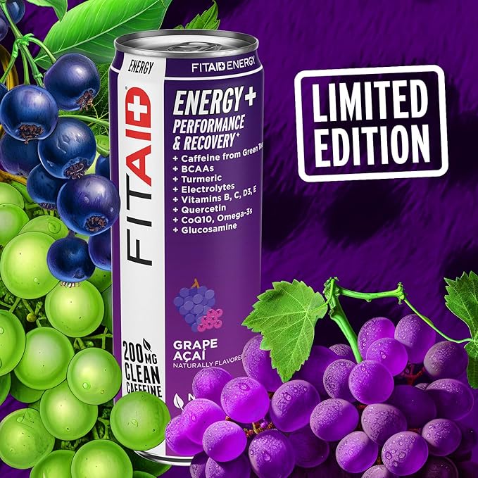 LIFEAID FITAID Energy Grape AÇAI 200mg Natural Caffeine Keto Pre-Workout Performance: BCAAs Quercetin Electrolytes Omega-3s 15 Calories Paleo Vegan &amp Gluten-Free 12-oz (Pack of 12)