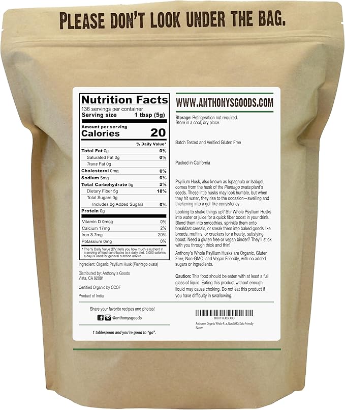 Anthony's Organic Whole Psyllium Husks 1.5 lb Dietary Fiber Gluten Free Non GMO Keto Friendly (Pack of 2)