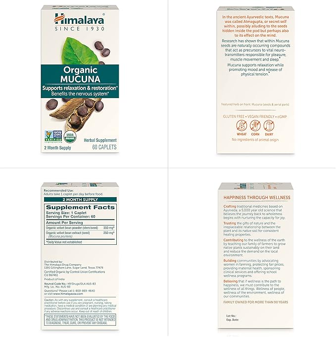 Himalaya Organic Mucuna Pruriens 60 Day Supply - Herbal Supplement for Calming Relaxation from Tension and Promoting Brain Function - Vegan Non-GMO Gluten Free 600 mg 60 Caplets