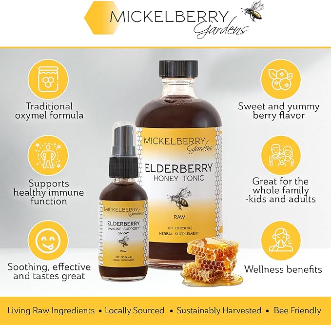 Mickelberry Gardens Elderberry Honey Tonic Sambucus Syrup Black Elderberry - Immune Support for Adults and Kids 8 Ounces (Pack of 2)