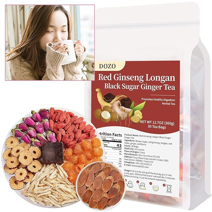 DOZO Brown sugar ginger tea 360g/12.7oz (30bags) Red Ginseng Longan Brown Sugar and Ginger Tea 红参桂圆黑糖姜茶
