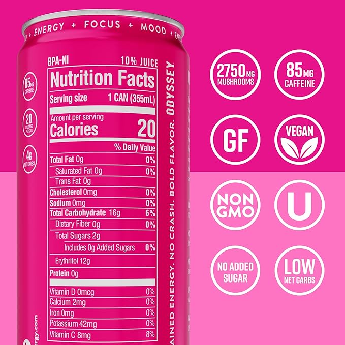 Odyssey Functional Energy Drink for Focus Cognition &amp Mood Support 12 Pack - Adaptogenic Drink with 85mg Green Tea Caffeine Lion’s Mane Cordyceps L-Theanine &amp Ginseng Dragon Fruit Lemonad