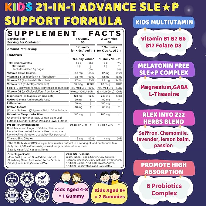 Kids Sleep Gummies- Magnesium Glycinate with Vitamin B6 D3 L-Theanine GABA Chamomile Saffron Methylate B12 for Peaceful Sleep Relax Brain &amp Muscle Bedtime Unwind Melatonin Free120 Cts