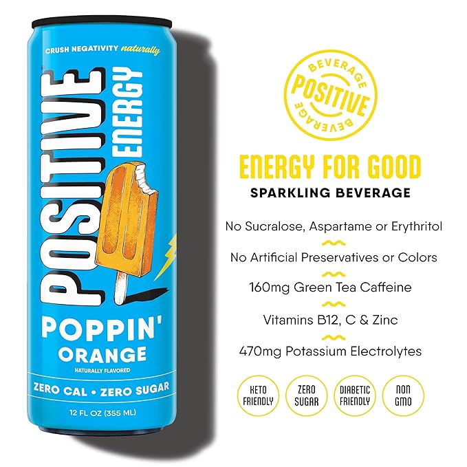Positive Energy Drink - Poppin' Orange | Zero Sugar Zero Calorie 12oz Cans (Pack of 12) | Hydrating Electrolytes Immunity Support with Zinc Healthy Energy Boost