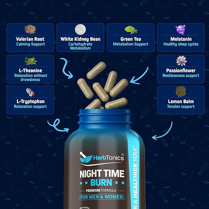 Herbtonics Night Time Burn &amp Sleep Complex Supports Overnight Metabolism Stress Relief &amp Deep Sleep. Includes Melatonin Valerian and Green Tea – Vegan Bedtime Weight Management (120 Capsules