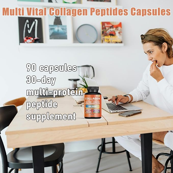 Multi Vital Collagen Peptides Capsules - Types I II III V &amp X Biotin Keratin Hyaluronic Magnesium Zinc Vitamin A C E Grape Seed Extract Quercetin with Folate (2)