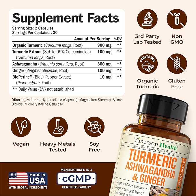 Ashwagandha Organic Turmeric Curcumin Supplement with Ginger Root &amp Black Pepper – Joint Health Energy &amp Immune Support – Antioxidant Blend with 95% Curcuminoids – 60 Capsules