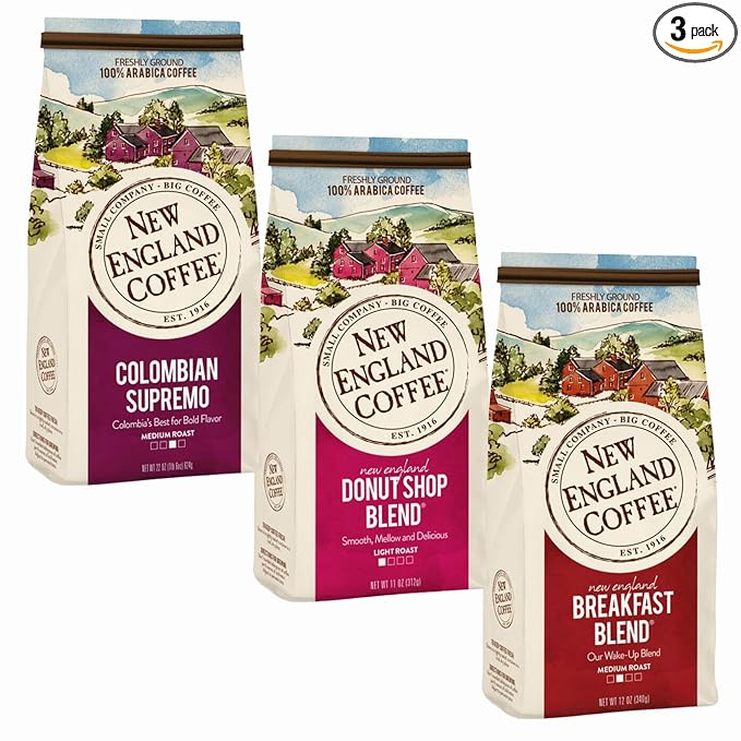 New England Coffee Ground Coffee Breakfast Blend/Colombian Supremo/Donut Shop 11oz Bag (Pack of 3)