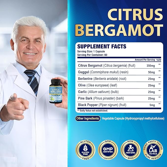 Cadane 2 Packs Citrus Bergamot Extract Capsules with Berberine Olive Guggul Garlic Pine Bark Black Pepper | 4 Months Supply